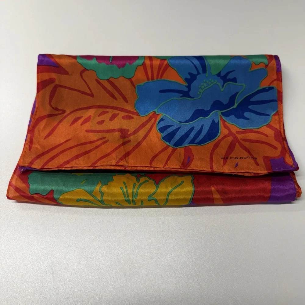 VTG Liz Claiborne Silk Rectangular Scarf Wrap Floral Vibrant Boho 10x52